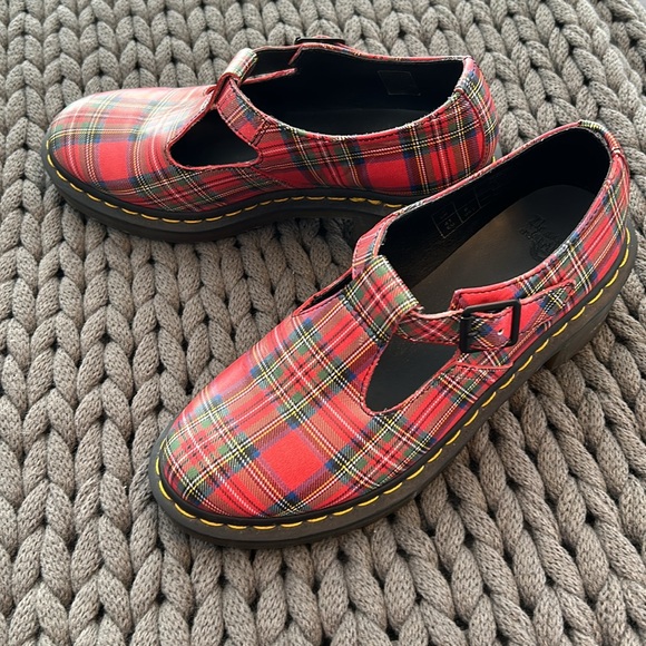 Dr Marten Polley Stewart Tartan Plaid Sophia Mary Jane Leather Shoe Red 41 9 New - Picture 10 of 14